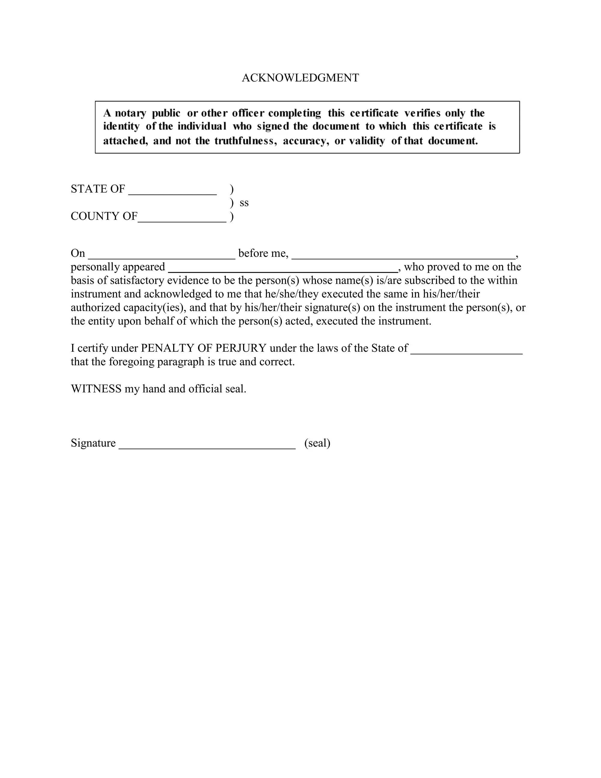 Washington notary acknowledgement preview