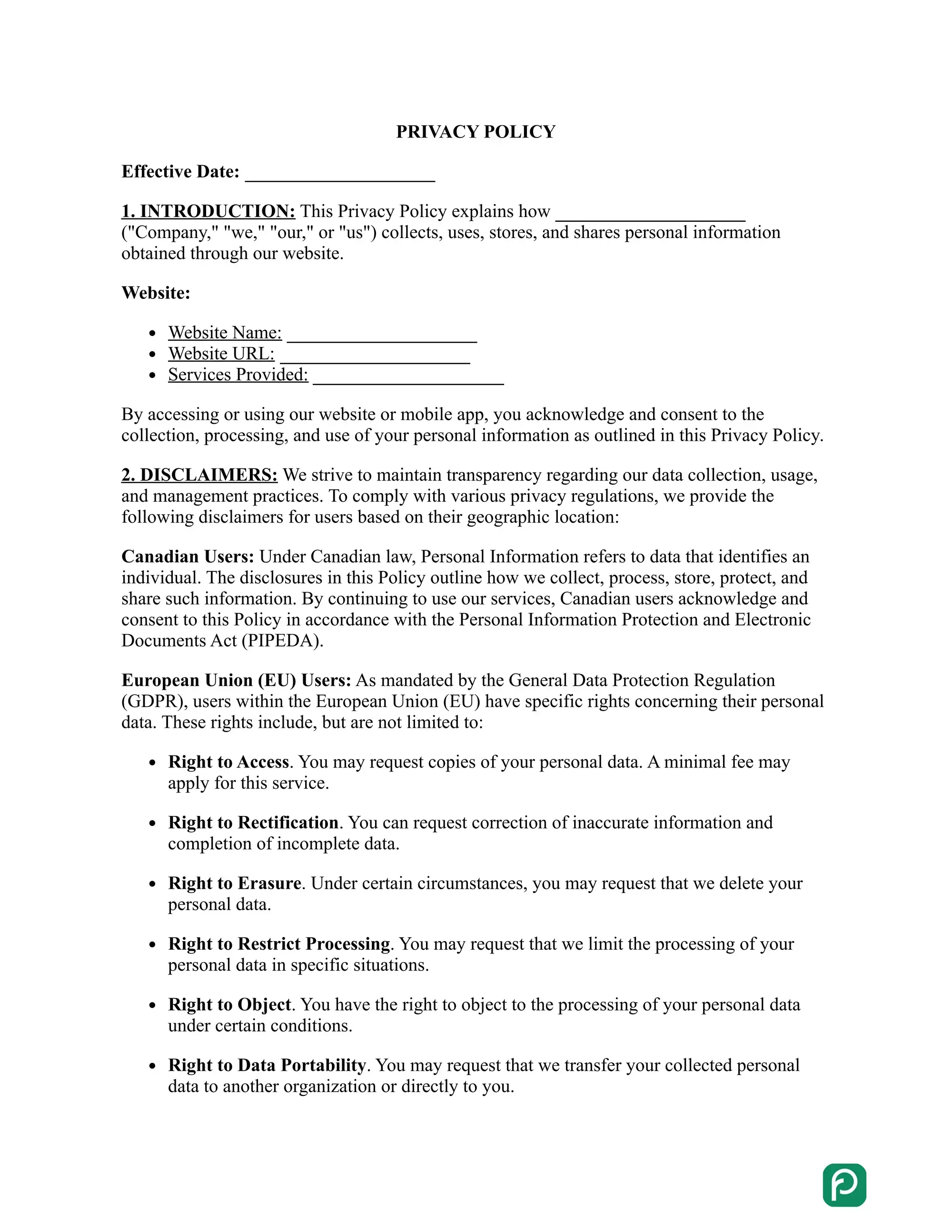Privacy Policy template preview
