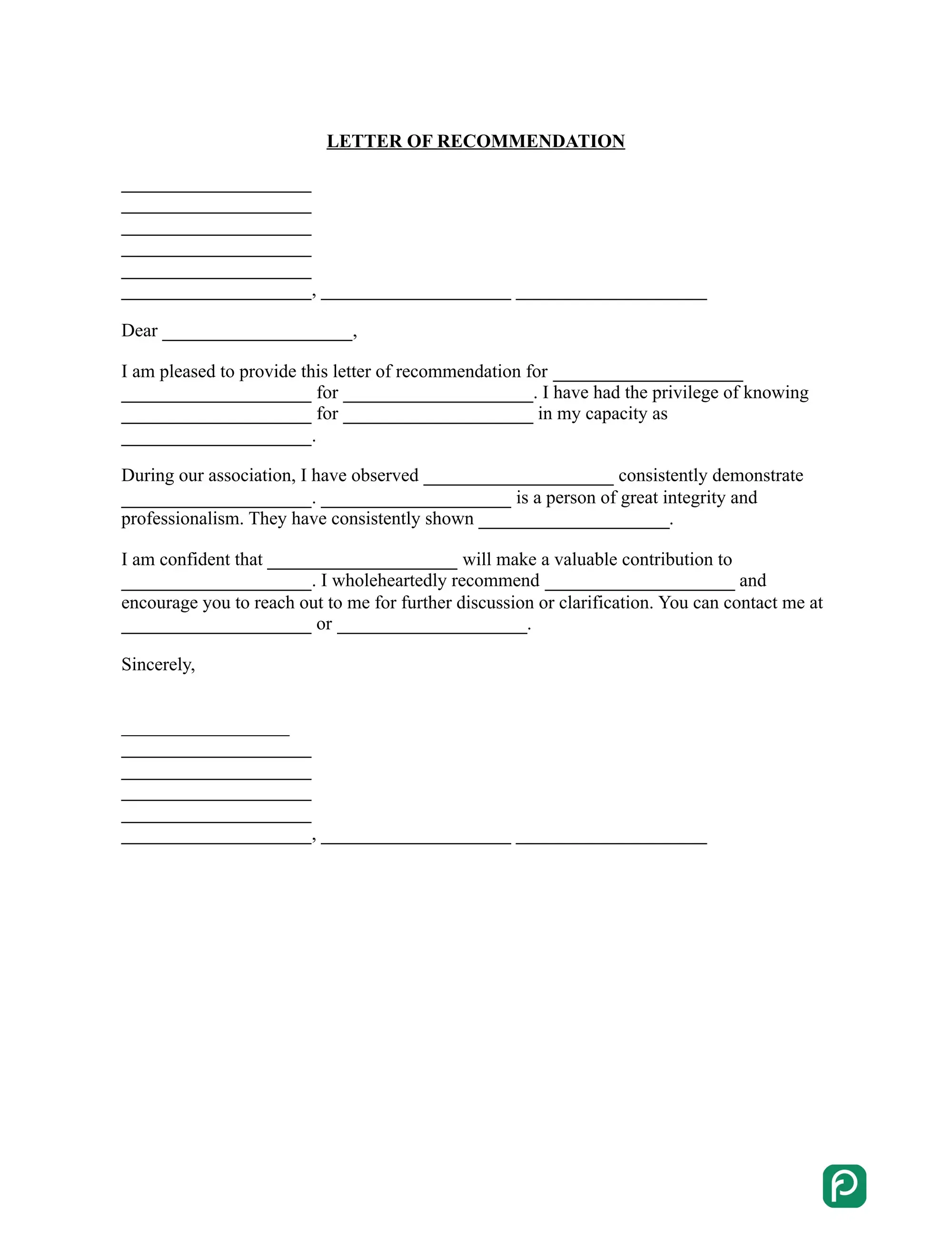 Letter of Recommendation preview