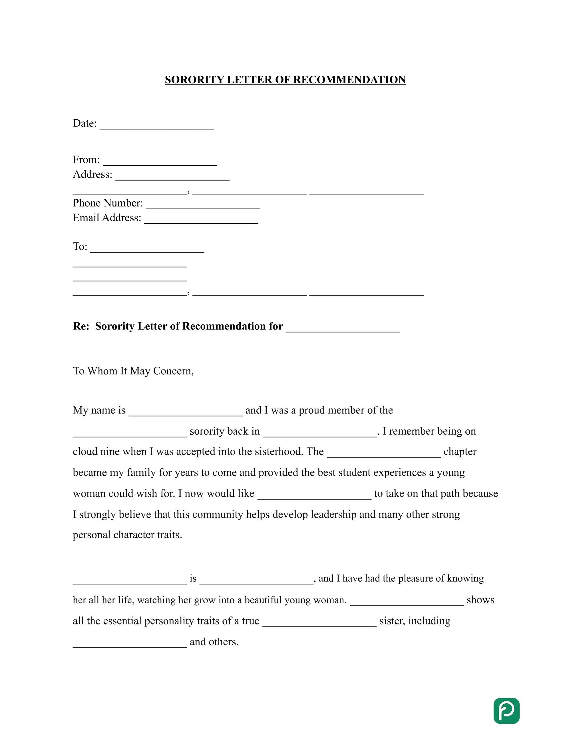 Sorority Recommendation Letter preview