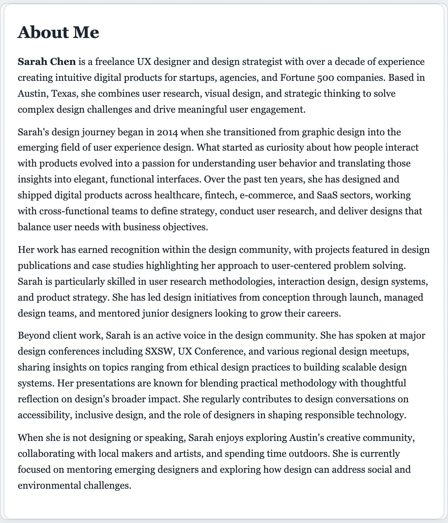 Sample professional bio generated by the FormsPal AI bio generator