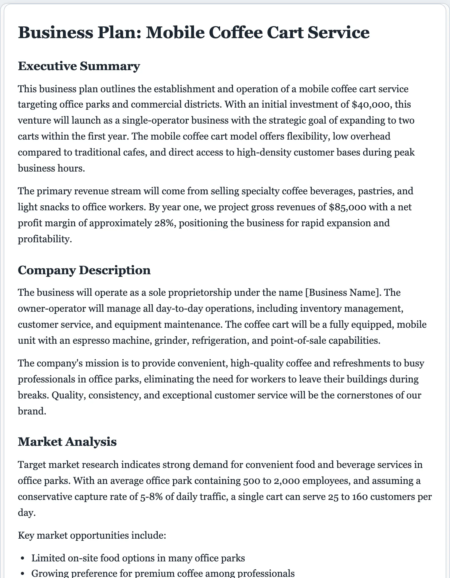 Sample business plan generated by the FormsPal AI business plan generator: executive summary and financial projections