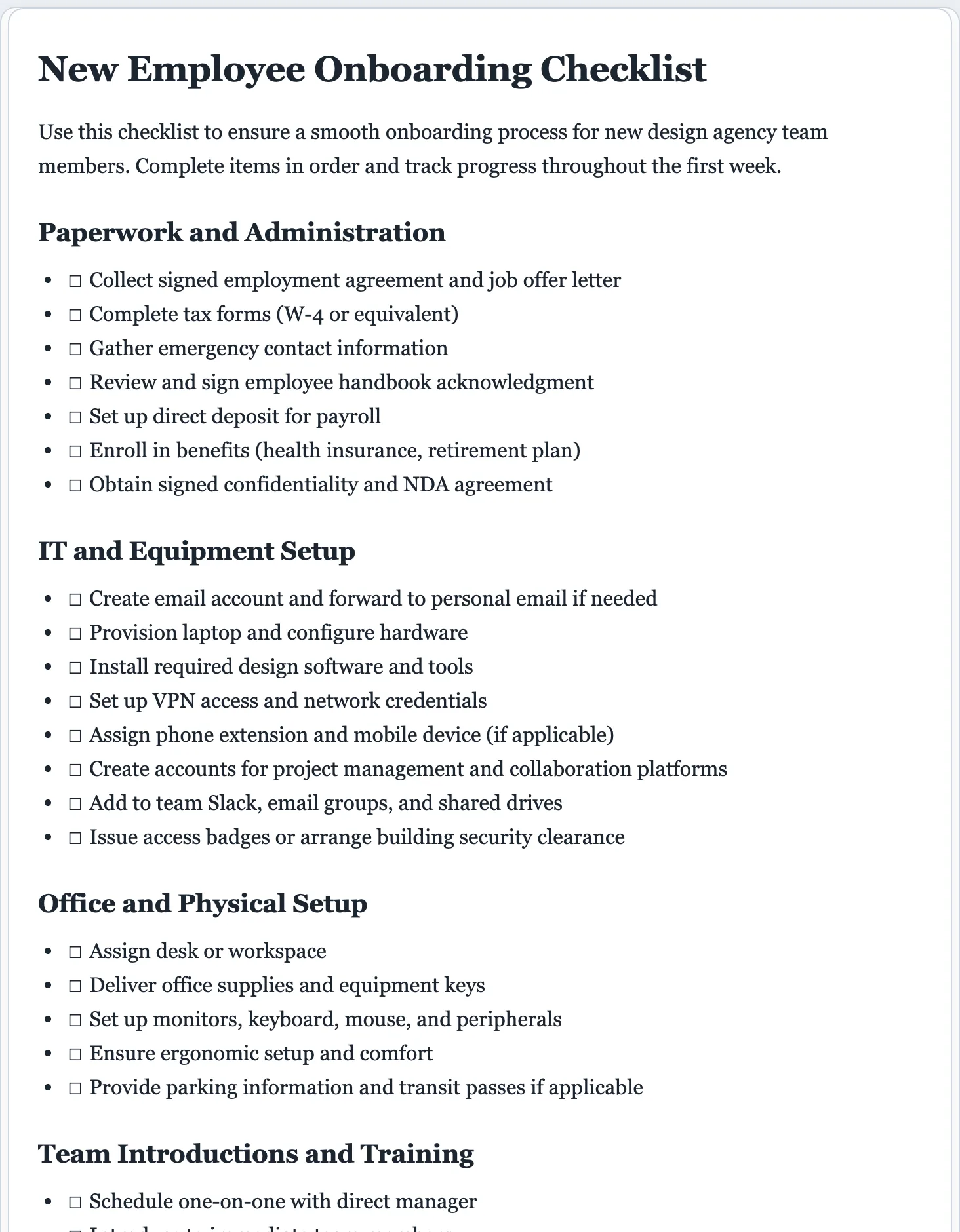 Sample onboarding checklist generated by the FormsPal AI checklist generator with grouped check-off items