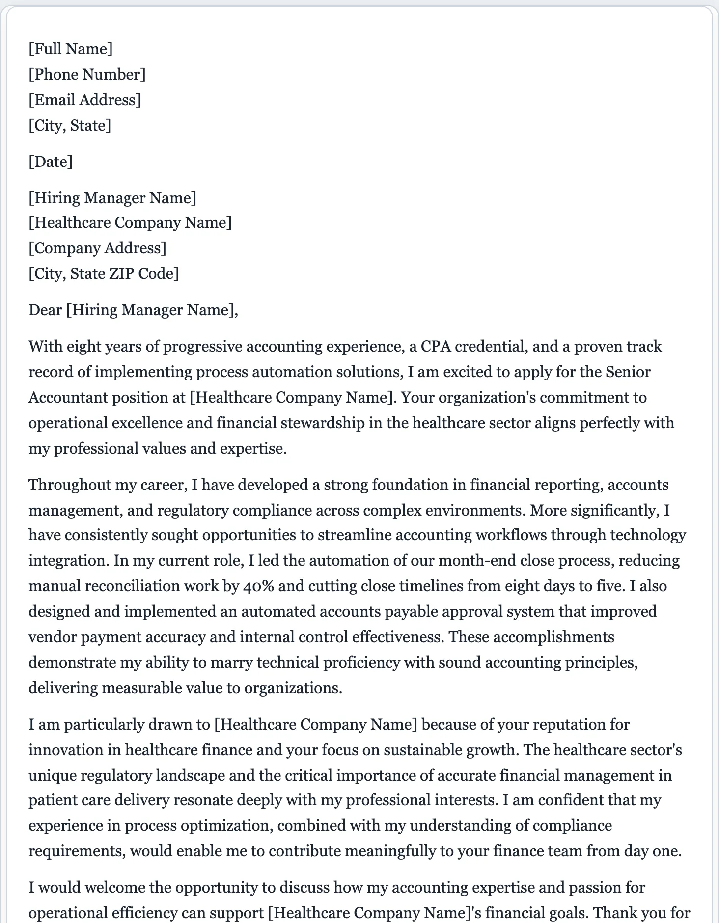 Sample cover letter generated by the FormsPal AI cover letter generator, tailored to a senior accountant role