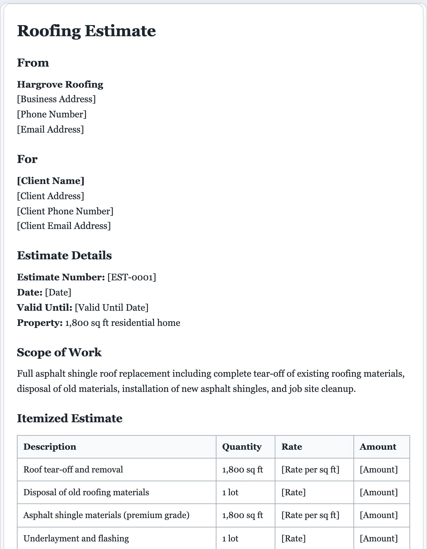 Sample price estimate generated by the FormsPal AI estimate generator: itemized costs with a valid-until date