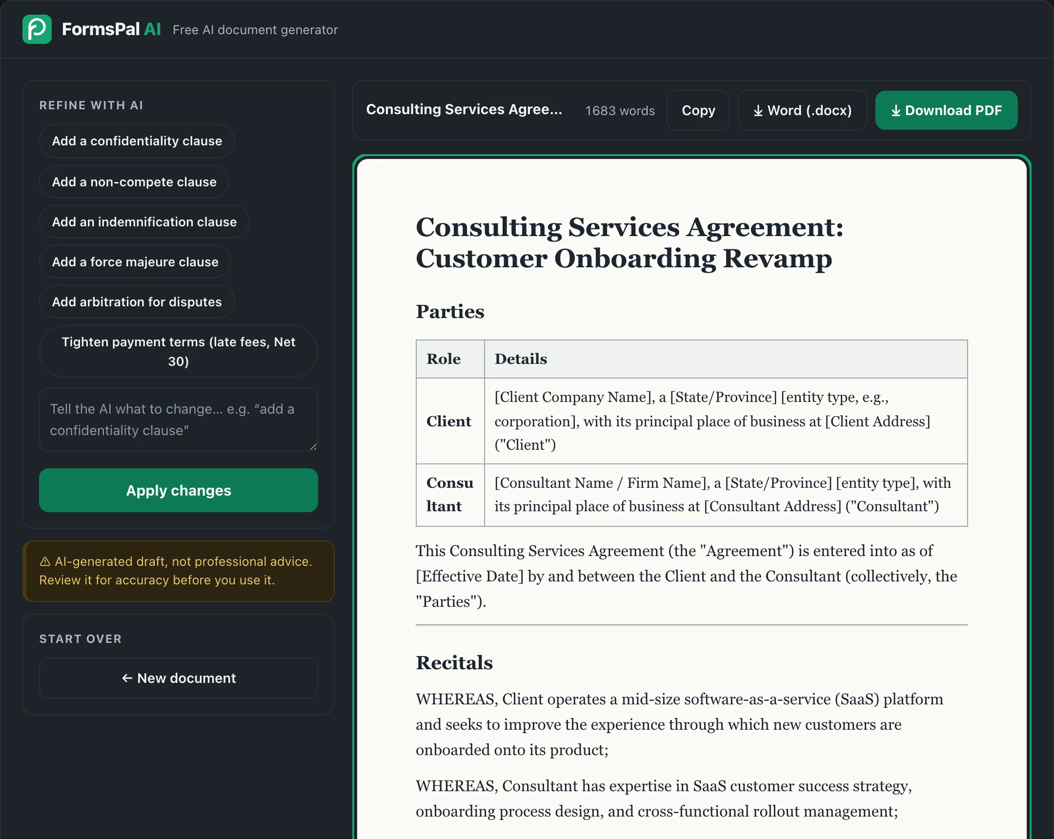 The FormsPal AI document generator editor: refine options on the left, a generated consulting agreement in the live preview with Word and PDF export buttons