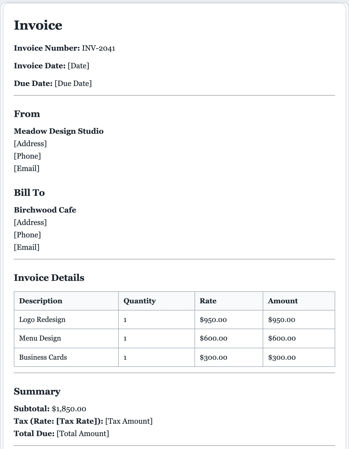 Sample invoice generated by the FormsPal AI invoice generator: itemized line items, subtotal, tax, and payment terms