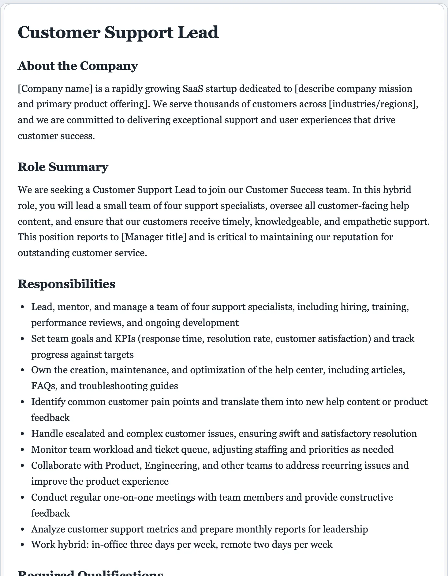 Sample job description generated by the FormsPal AI job description generator: responsibilities and qualifications