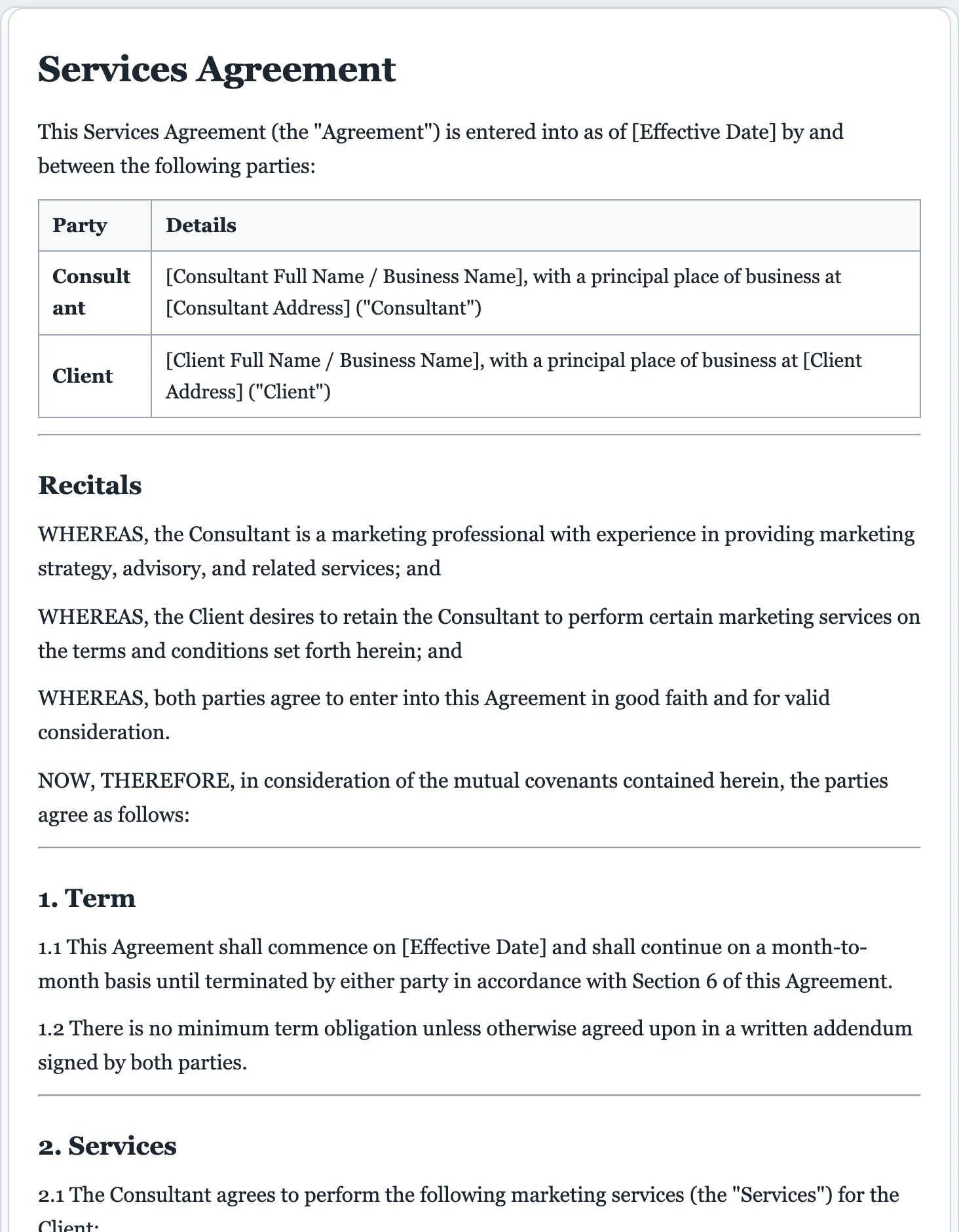 Sample services agreement generated by the FormsPal AI legal document generator
