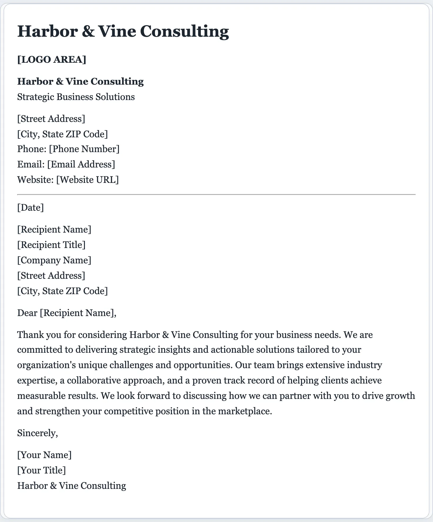 Sample letterhead generated by the FormsPal AI letterhead generator with a branded header block