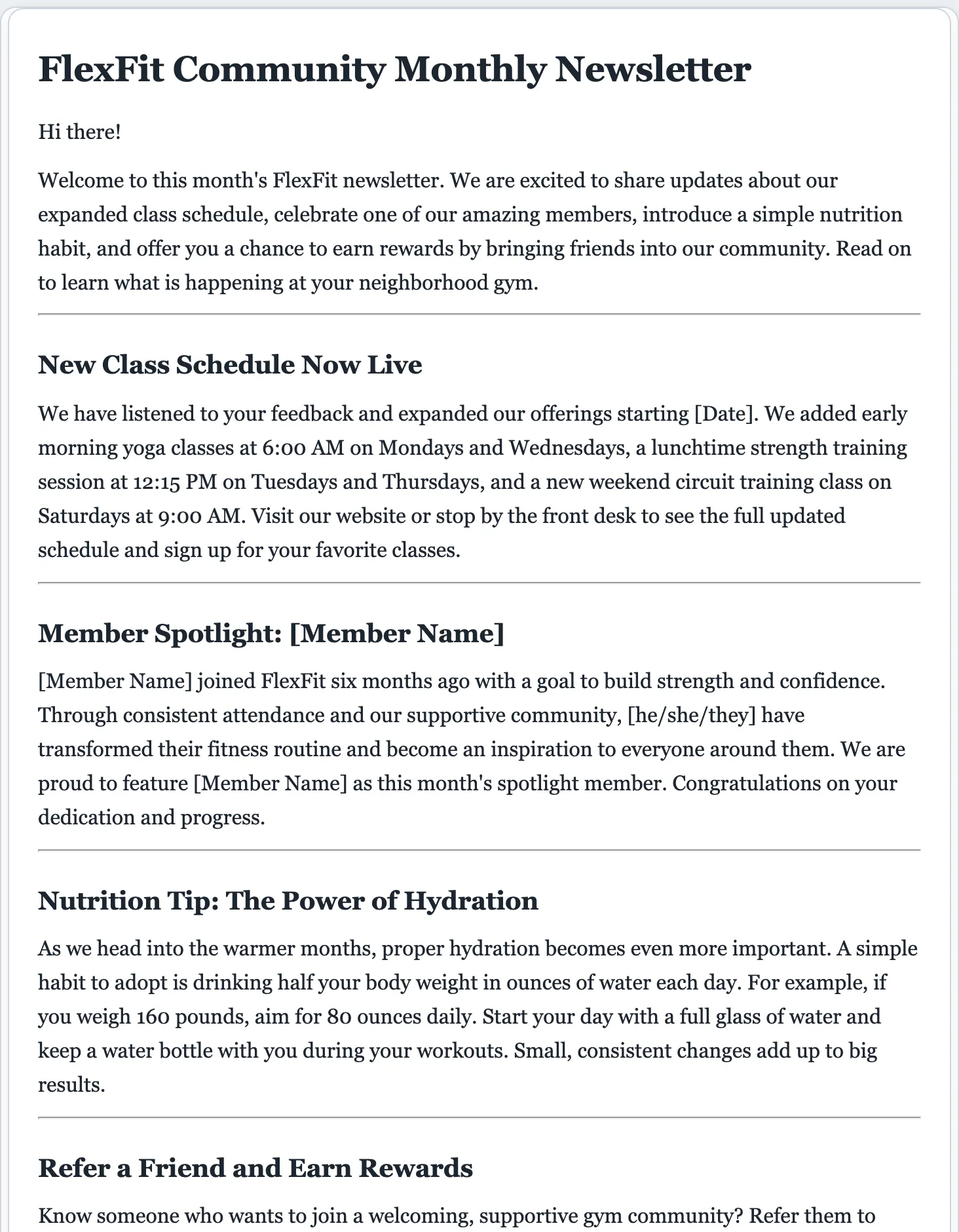 Sample newsletter generated by the FormsPal AI newsletter generator with sections and a call to action