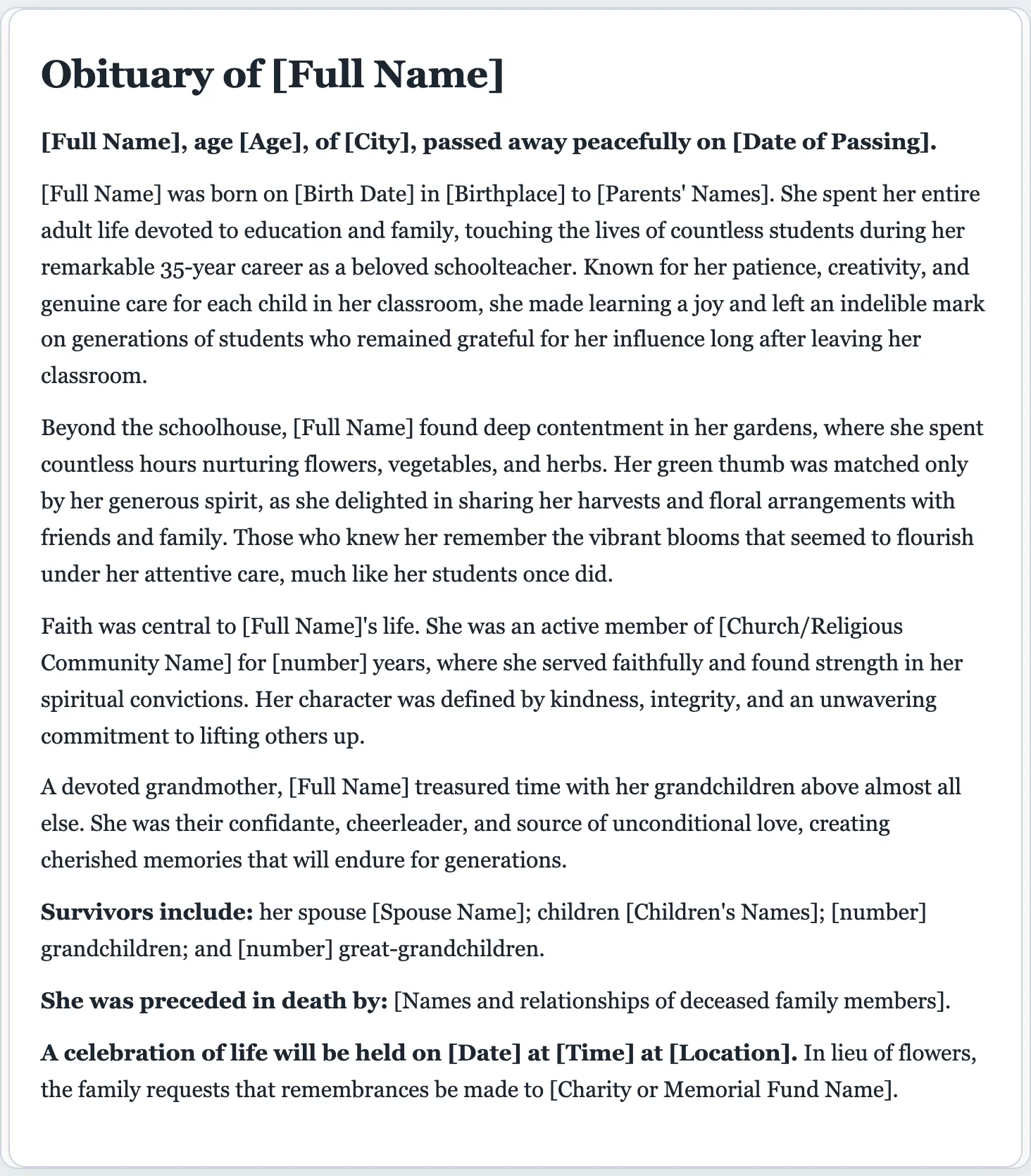 Sample obituary written by the FormsPal AI obituary writer in a warm, respectful tone