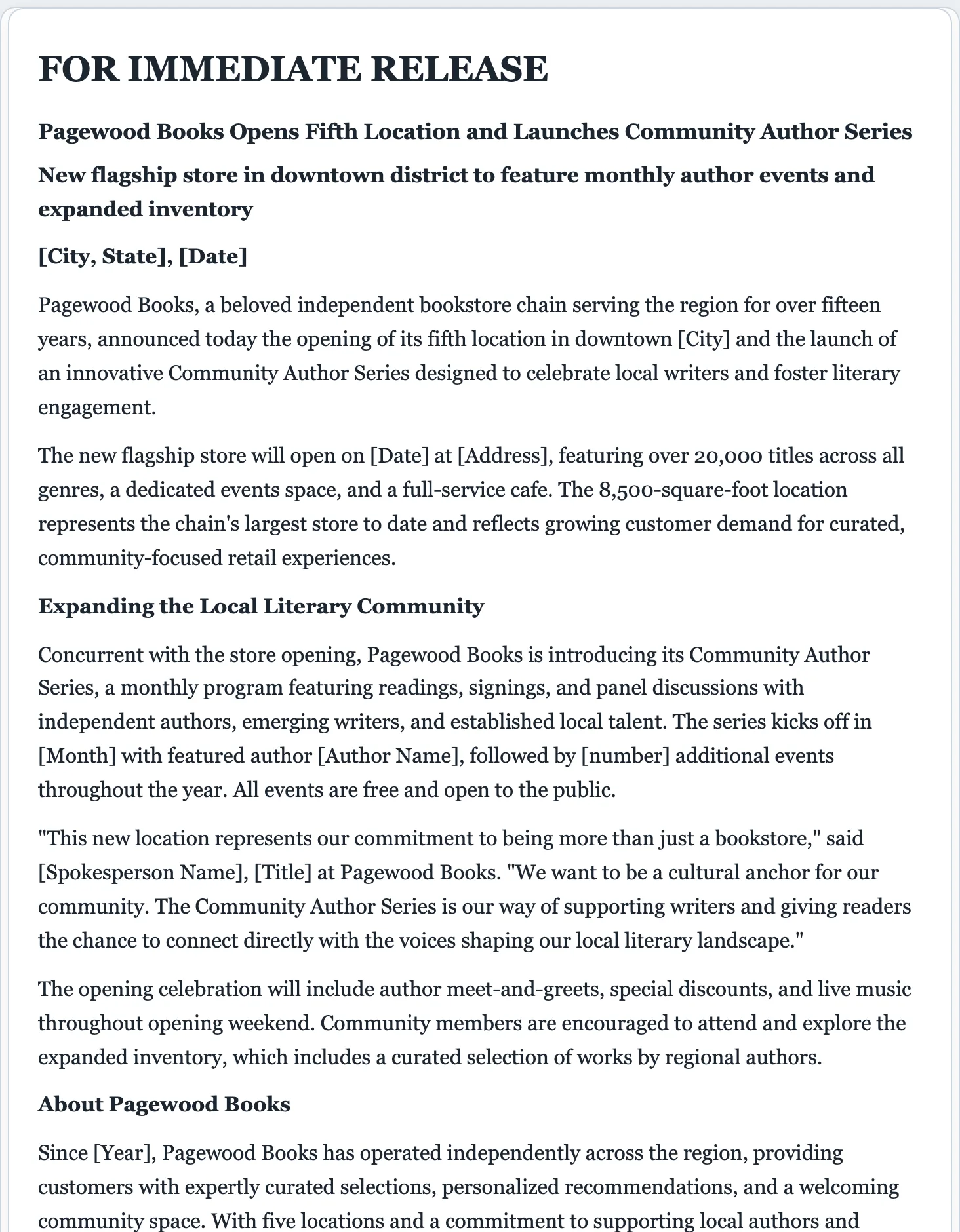 Sample press release generated by the FormsPal AI press release generator: headline, dateline, quote, and boilerplate