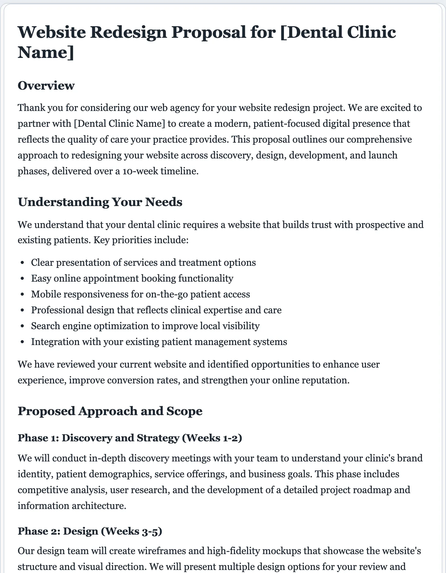 A sample business proposal generated by FormsPal AI: title, scope, timeline, and pricing table, formatted like a finished document
