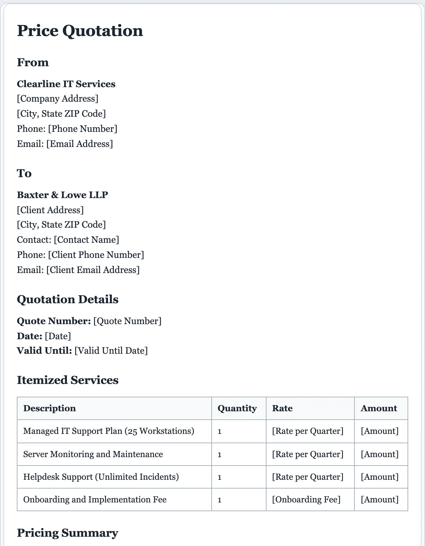 Sample quotation generated by the FormsPal AI quotation generator: itemized services, totals, and acceptance line
