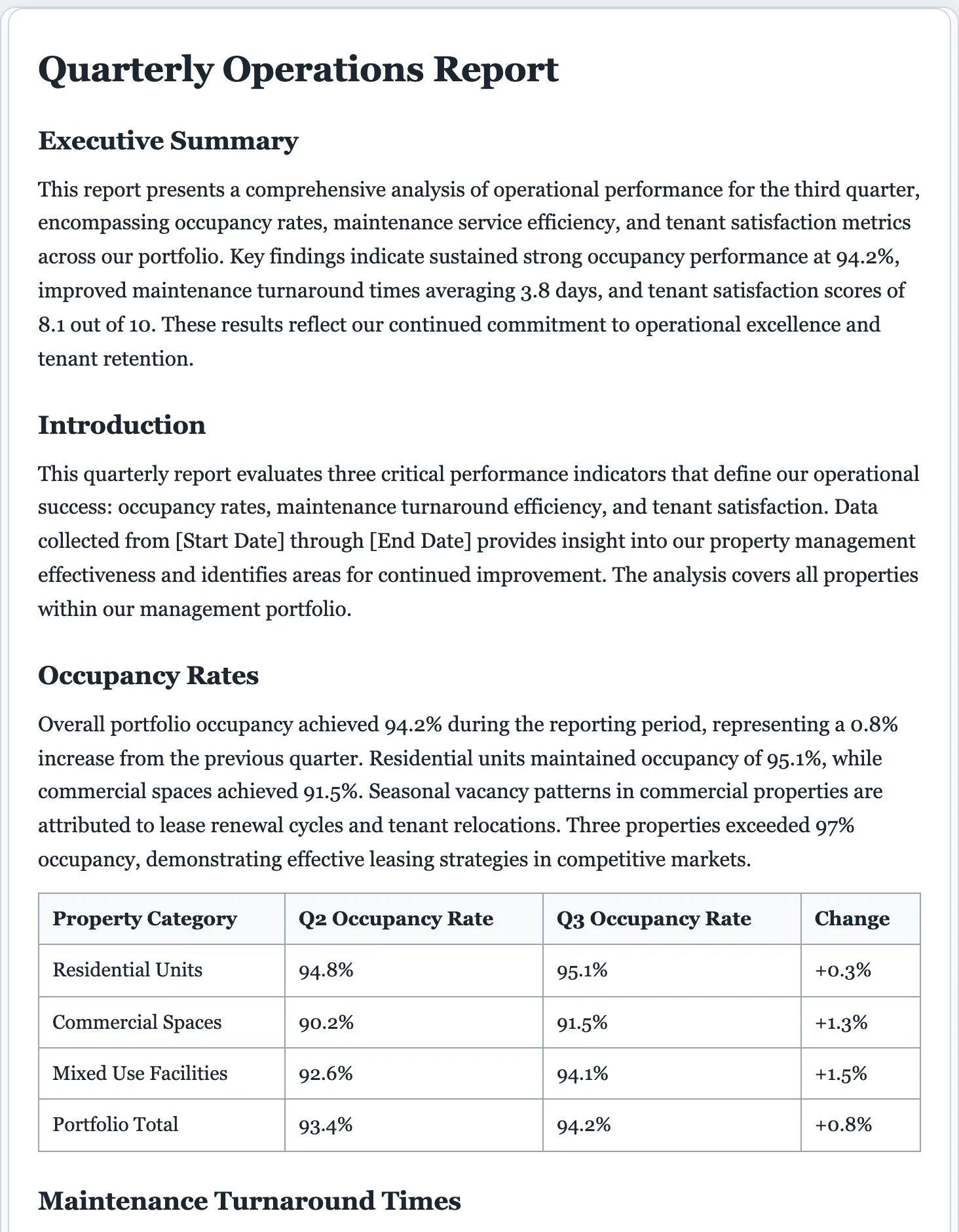 Sample business report generated by the FormsPal AI report generator: headings, findings, and a results table