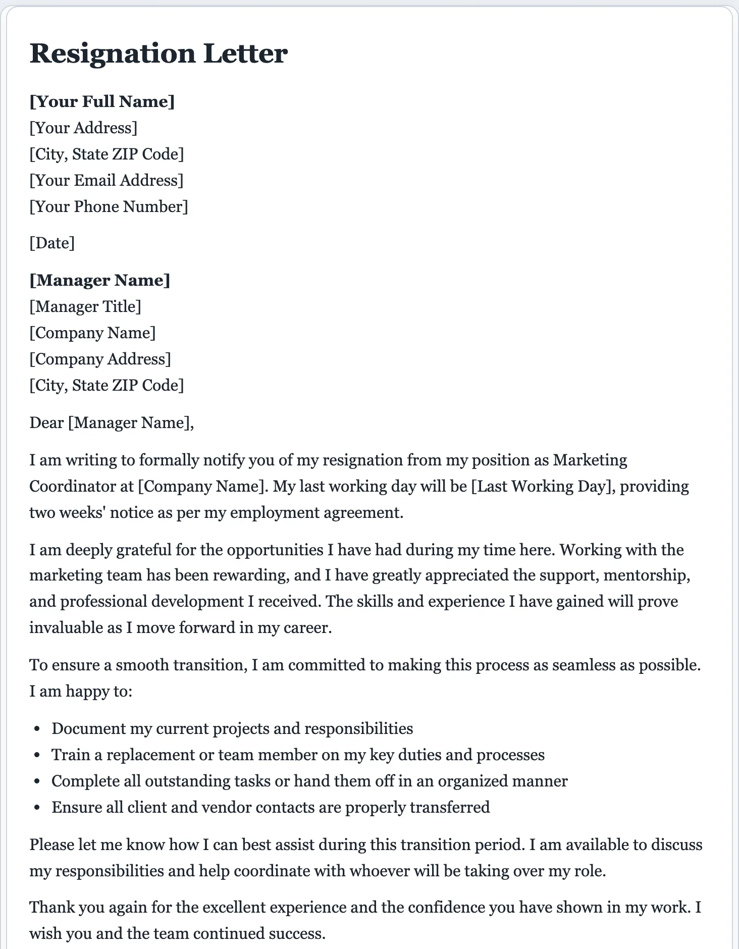 Sample resignation letter generated by the FormsPal AI resignation letter generator