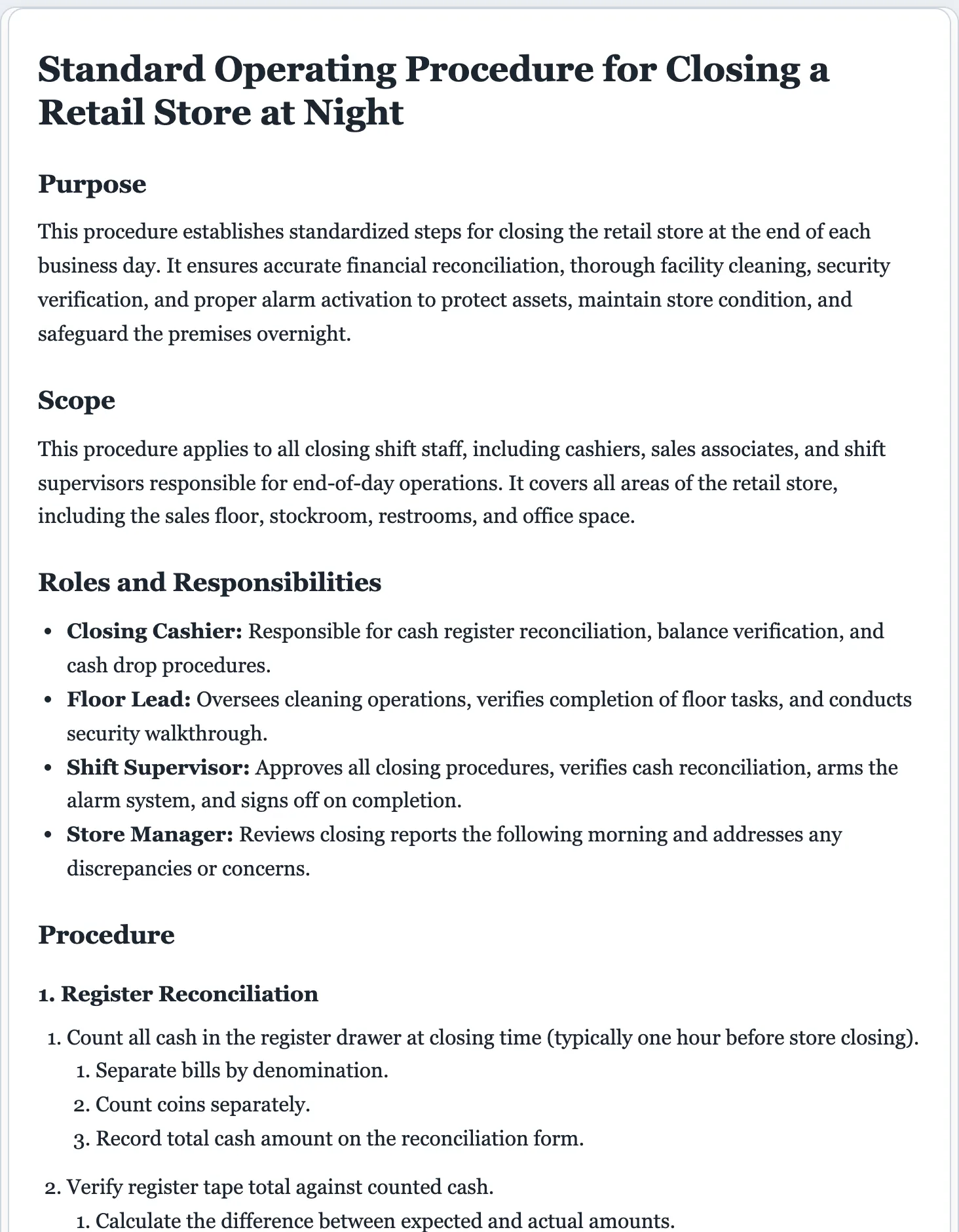 Sample SOP generated by the FormsPal AI SOP generator: purpose, scope, and numbered procedure steps