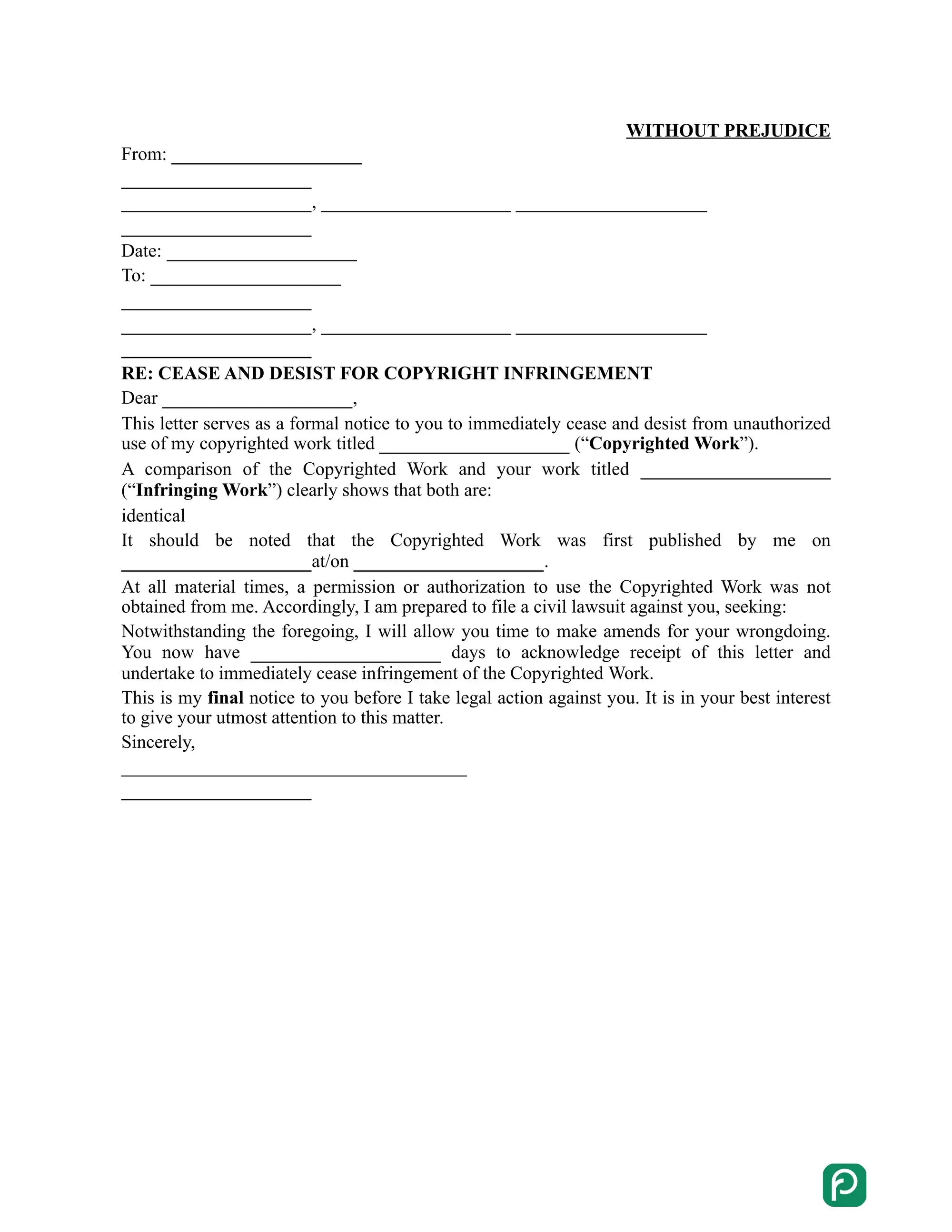 Copyright Cease and Desist Letter preview