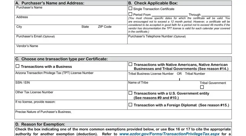 Step 1 of filling out the Arizona 5000 TPT Exemption Certificate: Section D - Reason for Exemption