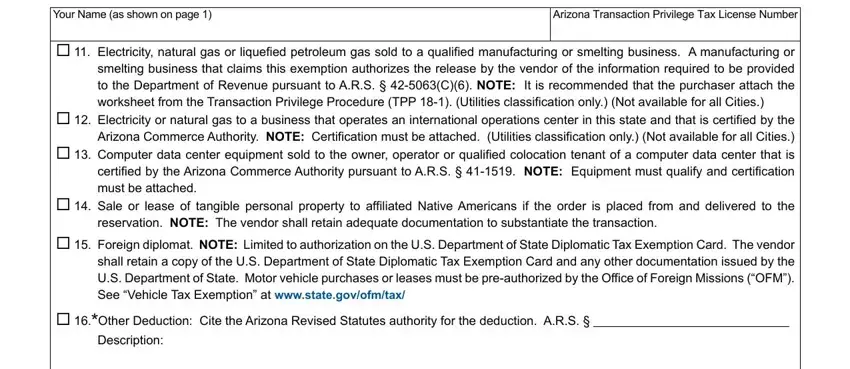 Arizona 5000 form middle section: TPT license, property type, reservation, deduction fields