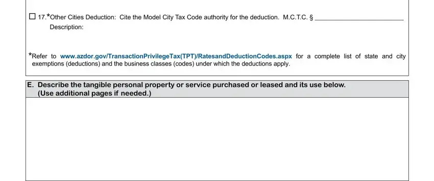 Arizona 5000 form Section E: describe tangible personal property and other cities deduction fields