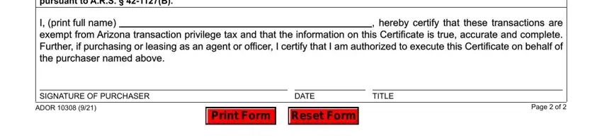 Arizona 5000 form Section F: signature of purchaser, date, and title fields