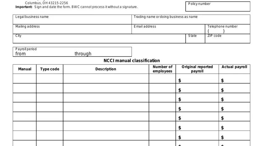 BWC 7578 form NCCI payroll classification fields to fill out
