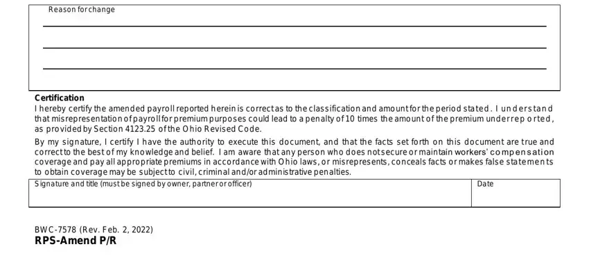 BWC 7578 certification and signature section for workers compensation payroll