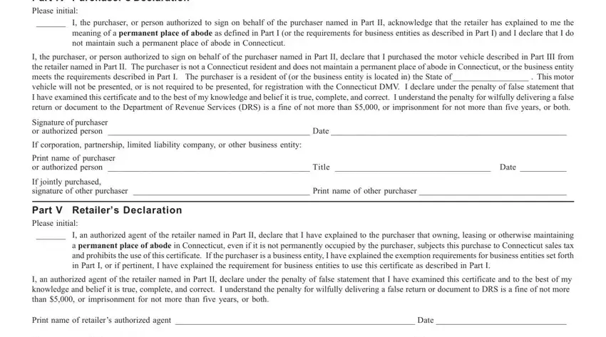 Cert 125 form Part V Retailer's Declaration fields