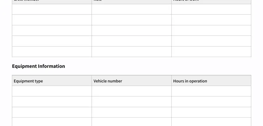 daily construction report pdf Crew member, Role, Hours of work, Equipment Information, Equipment type, Vehicle number, and Hours in operation fields to complete