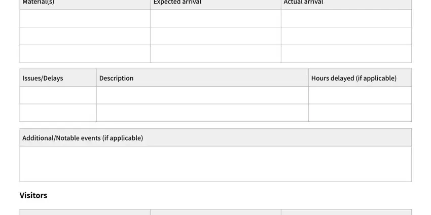 daily construction report pdf Materials, Expected arrival, Actual arrival, IssuesDelays, Description, Hours delayed if applicable, AdditionalNotable events if, and Visitors blanks to fill out