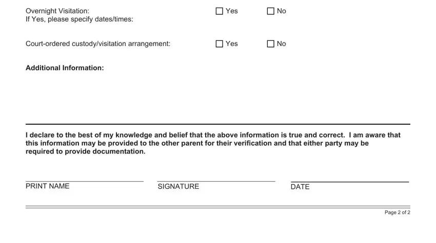 dcss 0053 fillable Overnight Visitation If Yes please, Courtordered custodyvisitation, Additional Information, Yes, Yes, I declare to the best of my, PRINT NAME, SIGNATURE, DATE, and Page  of fields to insert