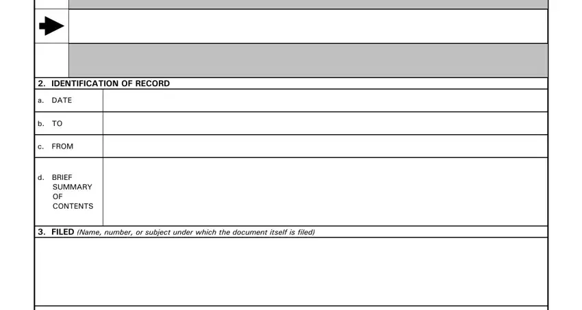 IDENTIFICATION OF RECORD, a DATE, b TO, c FROM, d BRIEF SUMMARY OF CONTENTS, and FILED Name number or subject in af pubs dd form 2861