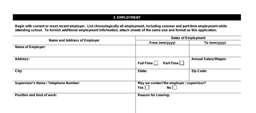 the dj le 330 EMPLOYMENT, Begin with current or most recent, Name and Address of Employer, Name of Employer, Dates of Employment, From mmyyyy, To mmyyyy, Address, City, FullTime, PartTime, Annual SalaryWages, State, Zip Code, and Supervisors Name  Telephone Number blanks to fill out