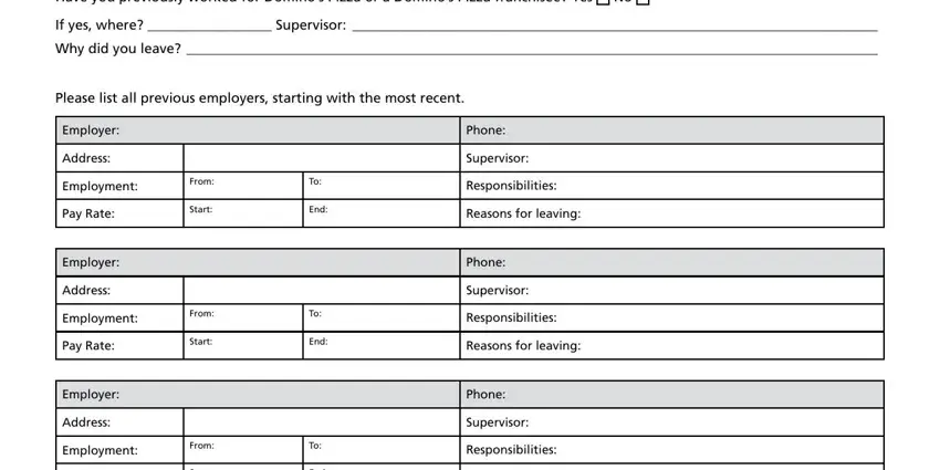 Have you previously worked for, If yes where  Supervisor, Why did you leave, Please list all previous employers, Employer, Address, Employment, Pay Rate, Employer, Address, Employment, Pay Rate, Employer, Address, and Employment in dominos application