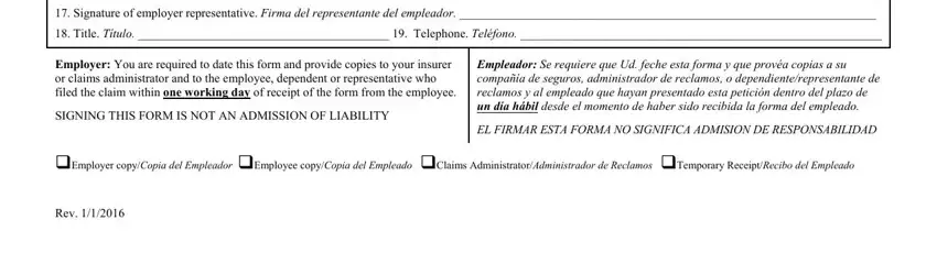 Signature of employer, Title Título   Telephone Teléfono, Employer You are required to date, SIGNING THIS FORM IS NOT AN, Empleador Se requiere que Ud feche, EL FIRMAR ESTA FORMA NO SIGNIFICA, Employer copyCopia del Empleador, and Rev in dwc 1