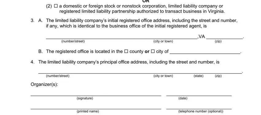 a domestic or foreign stock or, A The limited liability companys, if any which is identical to the, numberstreet, city or town, zip, B The registered office is located, The limited liability companys, numberstreet, city or town, state, zip, Organizers, signature, and date in llc 1011