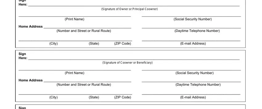 form 1851 Sign Here, Print Name, Social Security Number, Home Address, Number and Street or Rural Route, Daytime Telephone Number, State ZIP Code, City, Email Address, Sign Here, Print Name, Social Security Number, Home Address, Number and Street or Rural Route, and Daytime Telephone Number fields to fill out