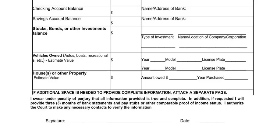 jdf 205 Checking Account Balance, Savings Account Balance, Stocks Bonds or other Investments, Held Balance, Vehicles Owned Autos boats, vehicles etc  Estimate Value, Houses or other Property Estimate, NameAddress of Bank, NameAddress of Bank, Type of Investment NameLocation, Year Model License Plate, Year Model License Plate, Amount owed  Year Purchased, IF ADDITIONAL SPACE IS NEEDED TO, and I swear under penalty of perjury fields to fill