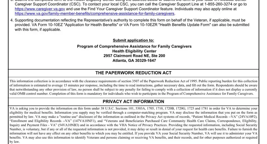 Va Form 10 10Cg Submitting your application  Read, Supporting documentation, provided VA Form EZ Application, Submit application to, Program of Comprehensive, THE PAPERWORK REDUCTION ACT, This information collection is in, PRIVACY ACT INFORMATION, and VA is asking you to provide the fields to insert