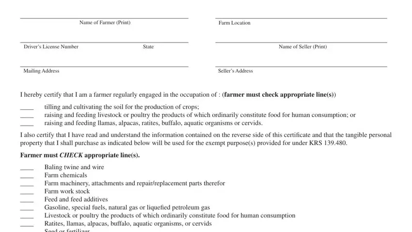 Writing section 1 of Kentucky Farm Exemption Certificate 51A158