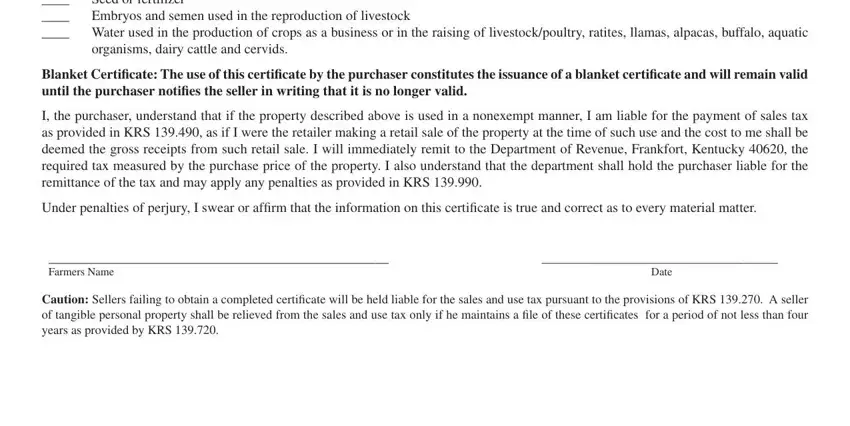 Kentucky 51A158 form fields including livestock, fuel, and machinery exemption categories