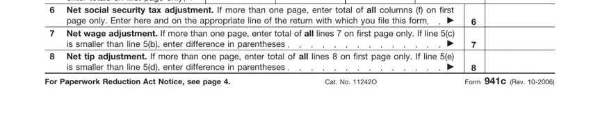 Net tip adjustment, Net social security tax adjustment, and Totals in 941c correction