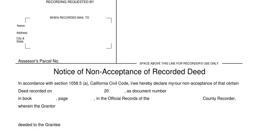 Part number 1 for filling in acceptance recorded form - property and deed details
