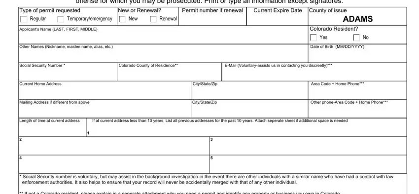 Stage 1 of filling out the Adams County Colorado concealed carry permit application
