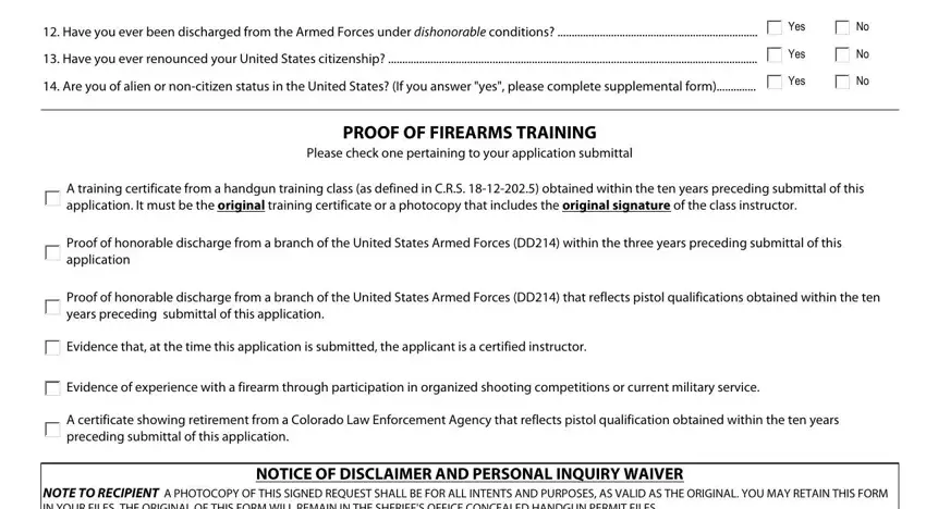 Proof of firearms training section of the Adams County Colorado concealed carry permit