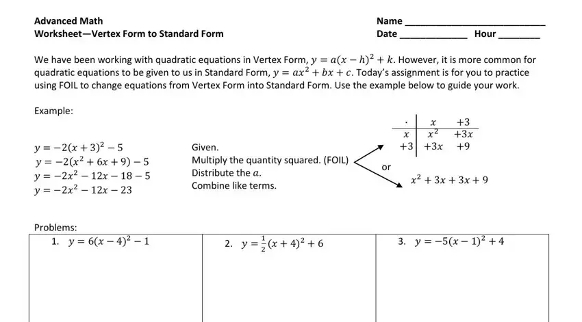 Expanding vertex form to standard form in the advanced math worksheet