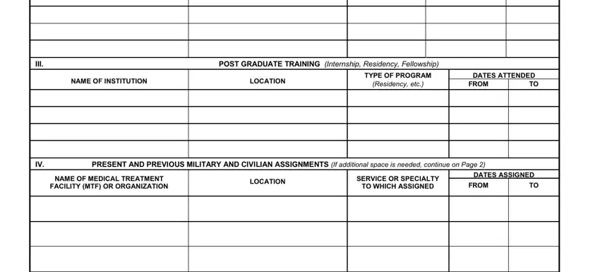 Post-graduate training and military assignment history fields in AF Form 1540