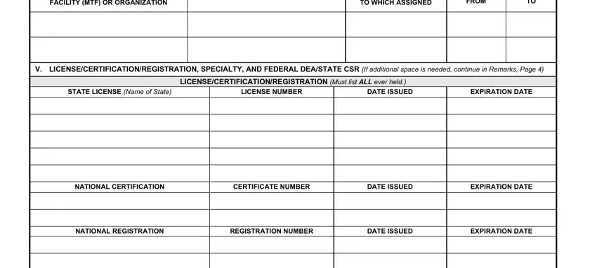 Licensure, certification, and DEA registration fields in AF Form 1540